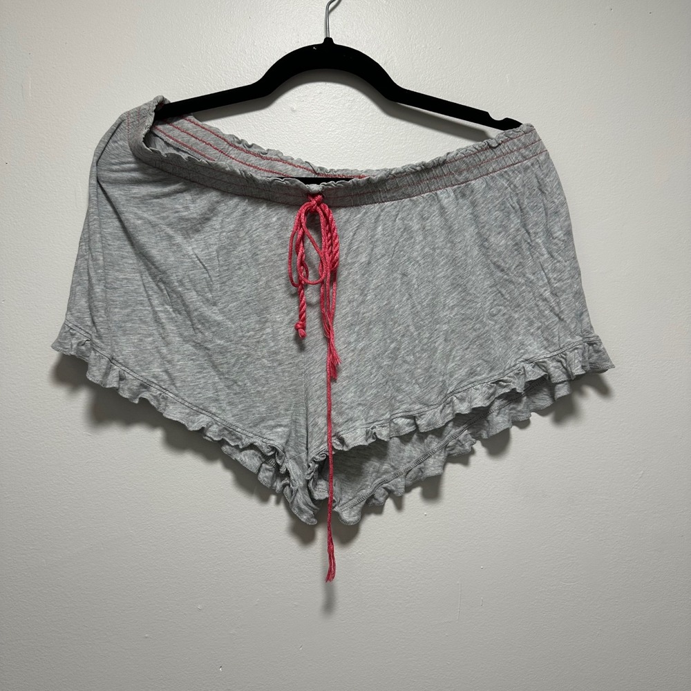 Gray Ruffle Hem Pajama Shorts Pink Rope Drawstring Cotton Modal Large